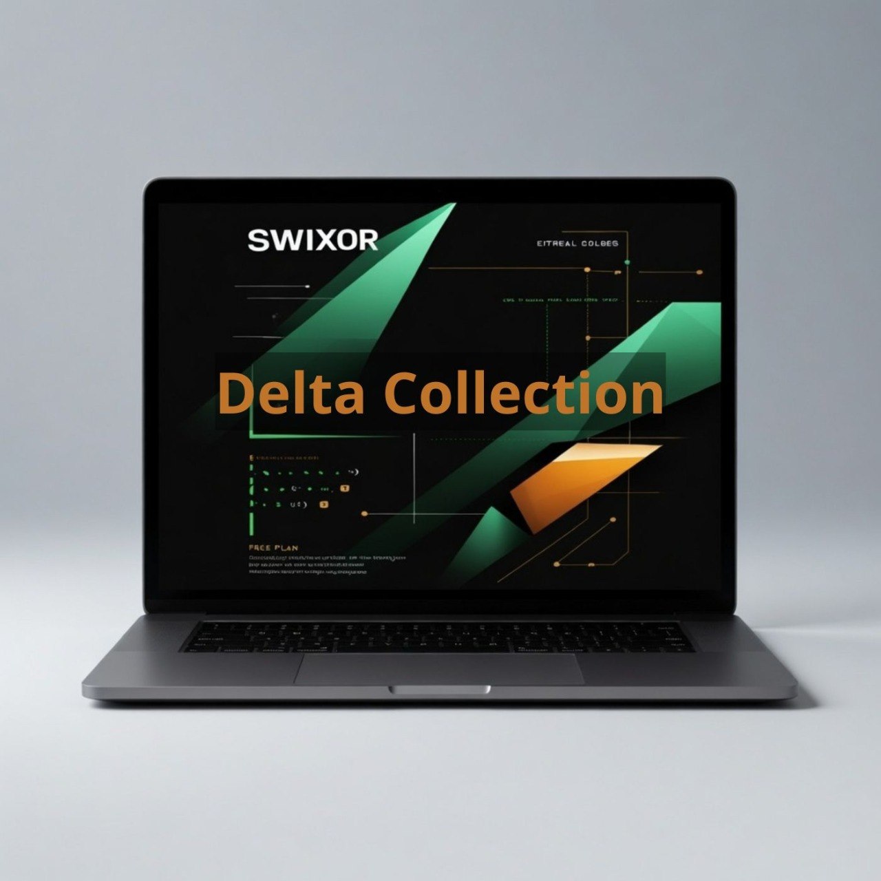 Laptop displaying the Swixor Delta Collection on a gray background