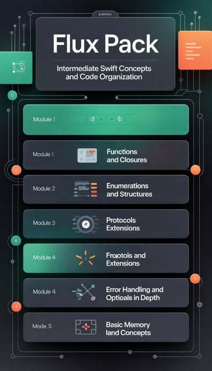Flux Pack course outline with modules on Swift concepts on a dark background