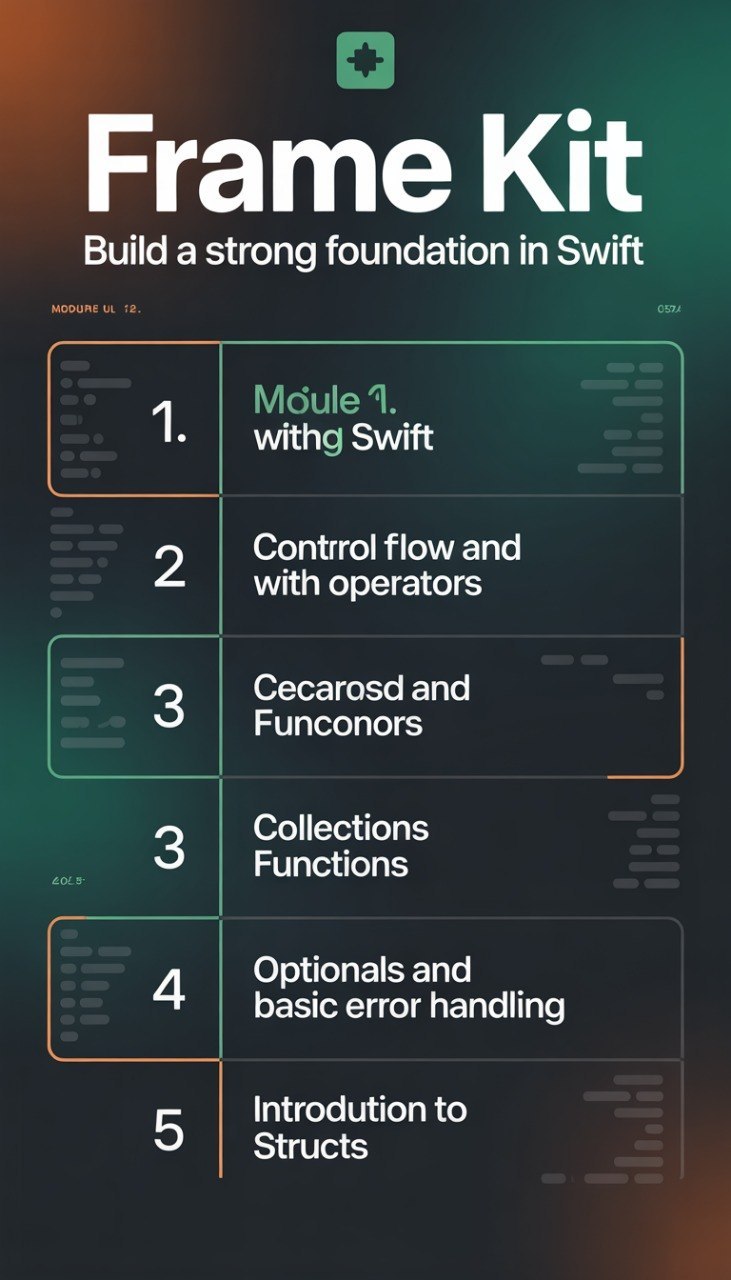 Course outline for 'Frame Kit' in Swift with module titles on a dark background