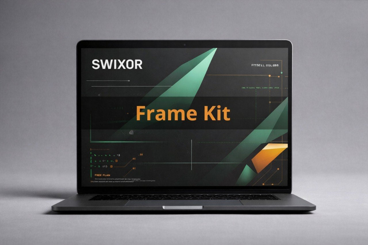 Laptop displaying SWIXOR Frame Kit on a gray background