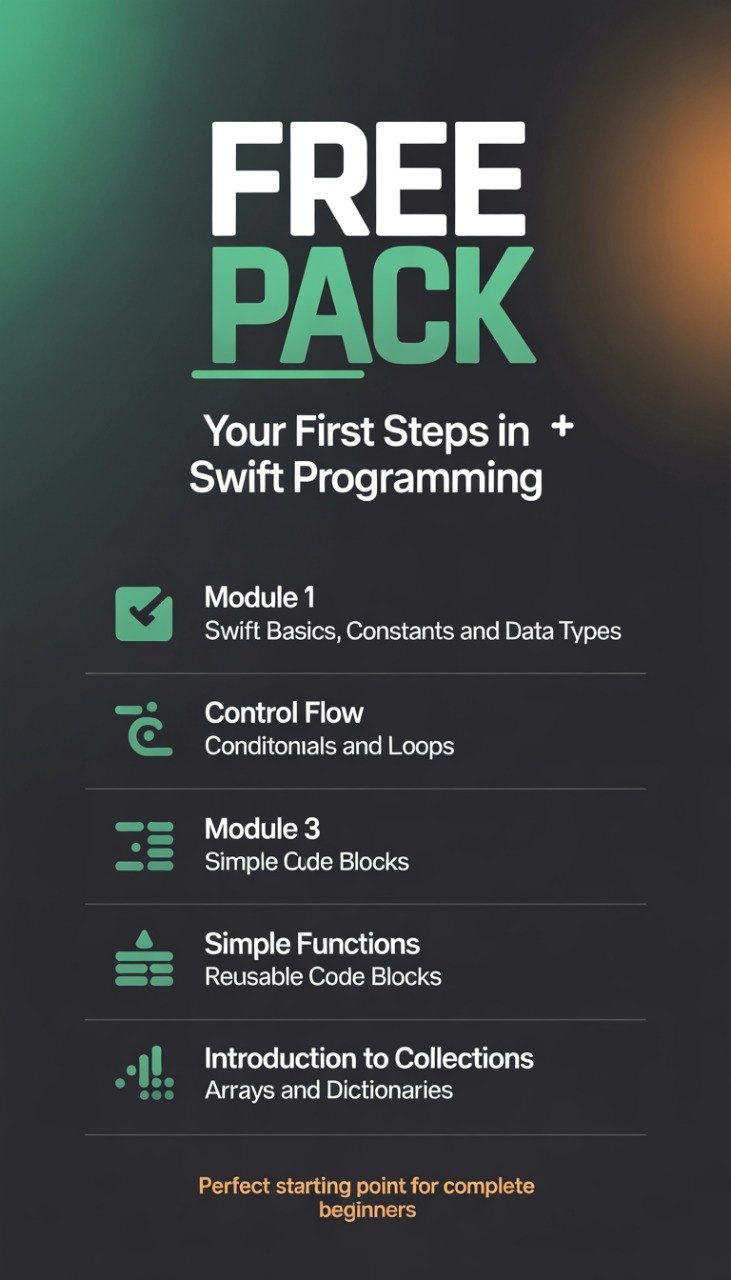 Free pack for Swift programming with module details on a dark background