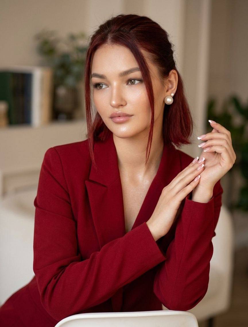 Woman in a red outfit sitting indoors with a blurred background